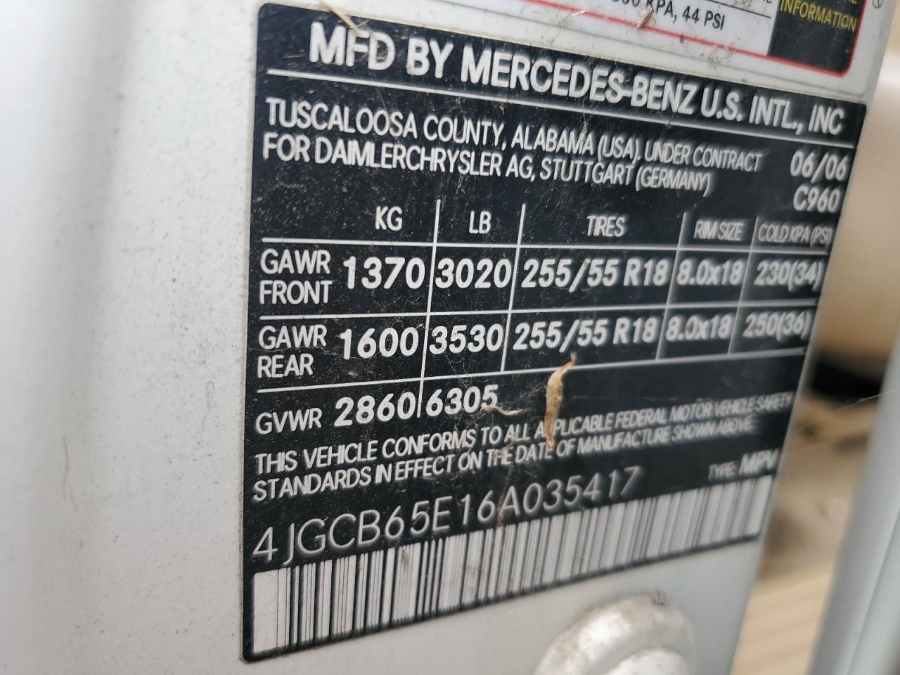 2006 Mercedes-Benz R 350 VIN: 4JGCB65E16A035417 Lot: 92732015