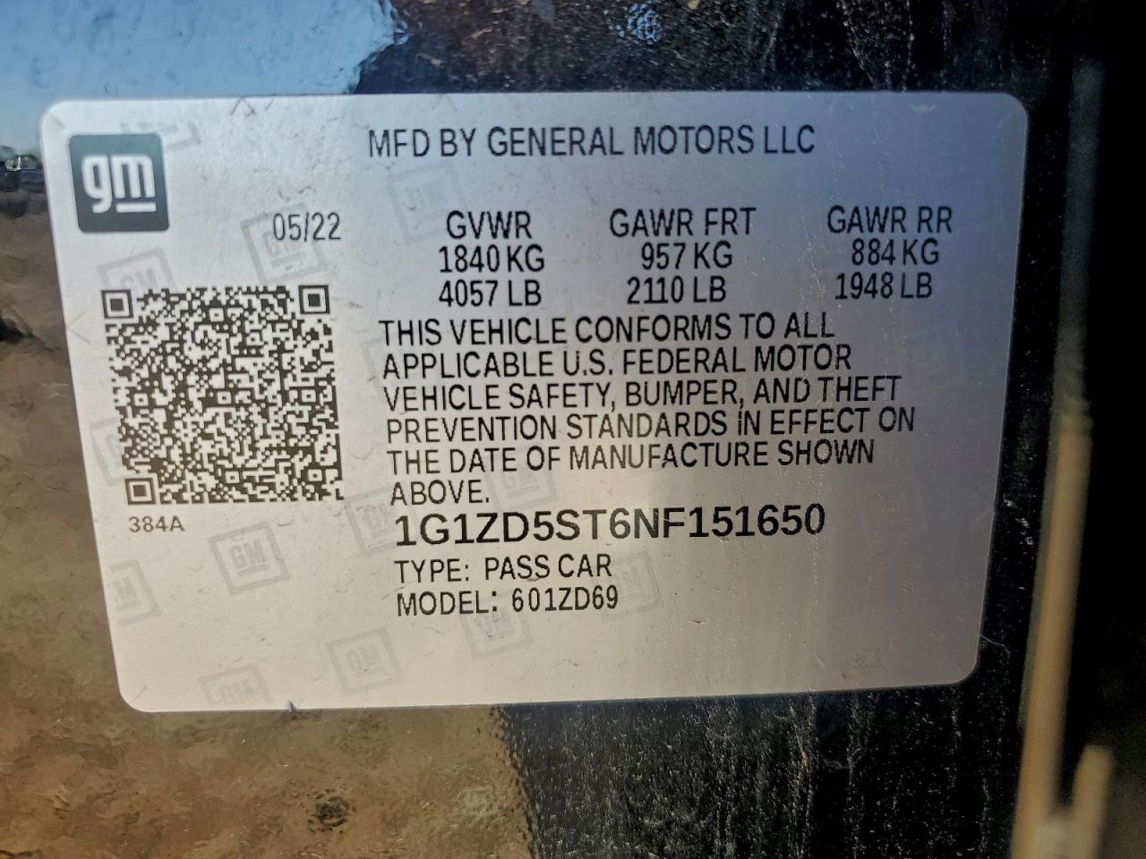 2022 Chevrolet Malibu Lt VIN: 1G1ZD5ST6NF151650 Lot: 94472215