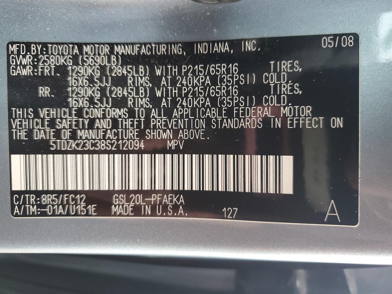 2008 Toyota Sienna Ce VIN: 5TDZK23C38S212094 Lot: 93735285