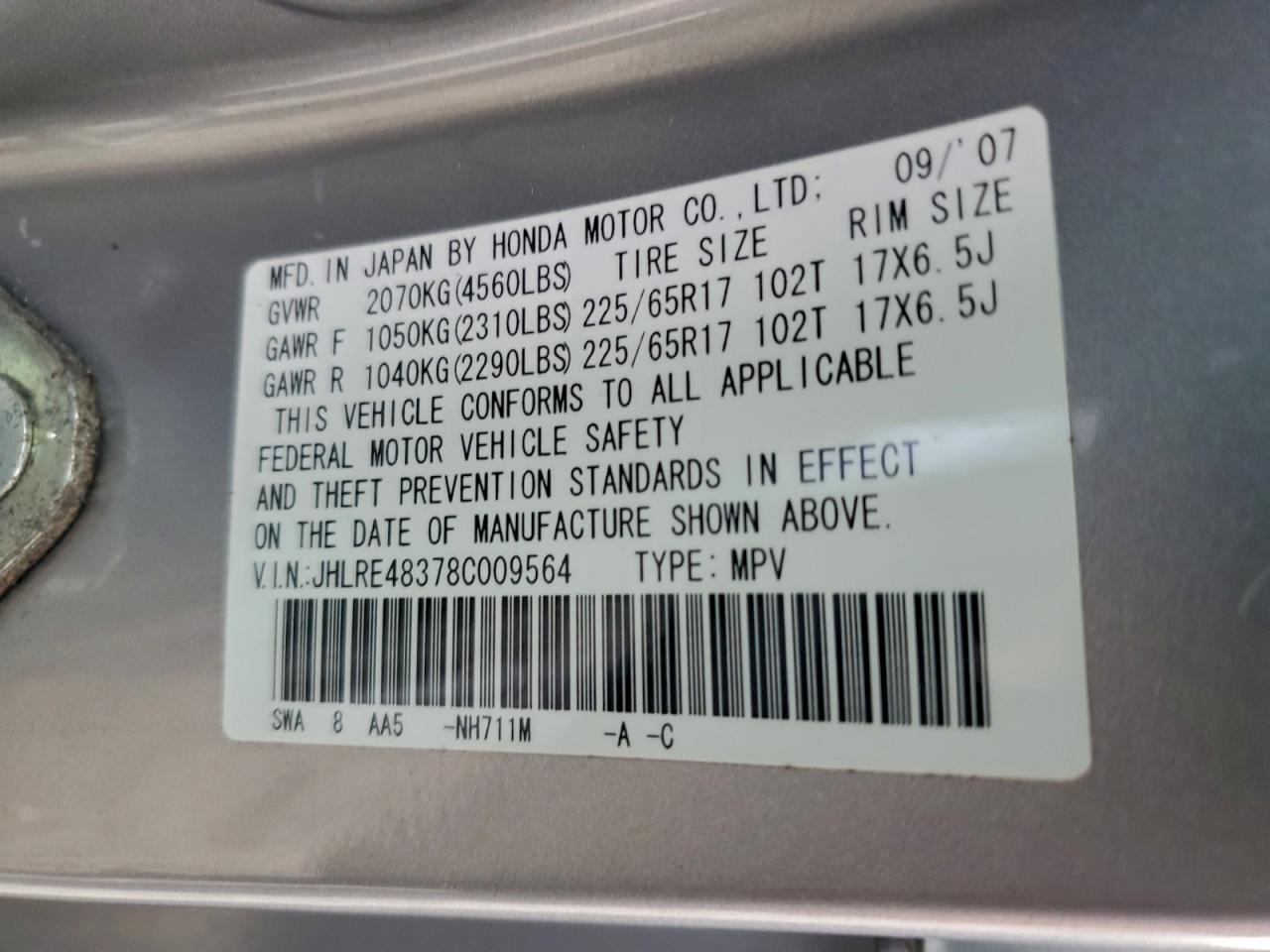 2008 Honda Cr-V Lx VIN: JHLRE48378C009564 Lot: 94262105