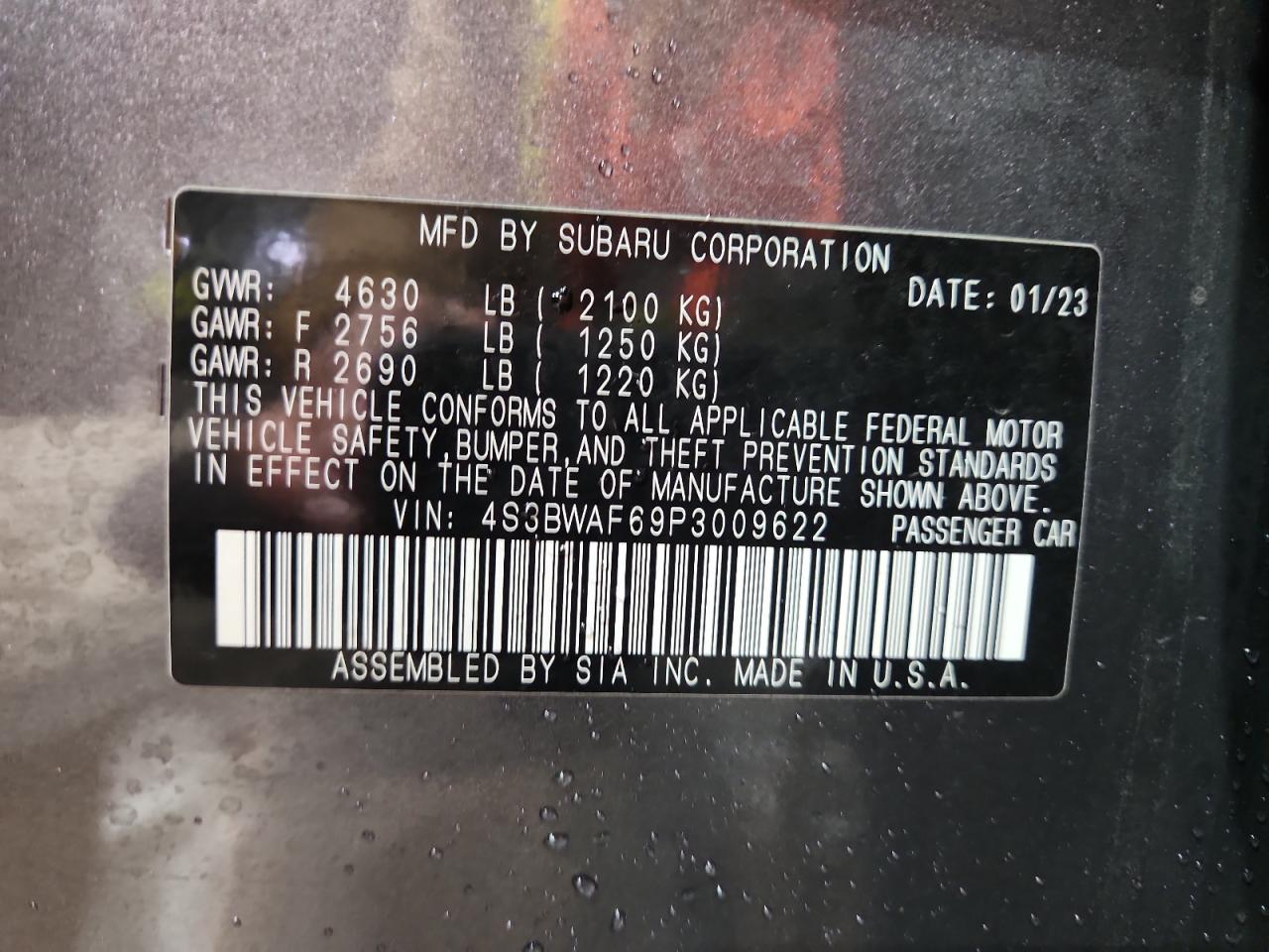 2023 Subaru Legacy Premium VIN: 4S3BWAF69P3009622 Lot: 93222075