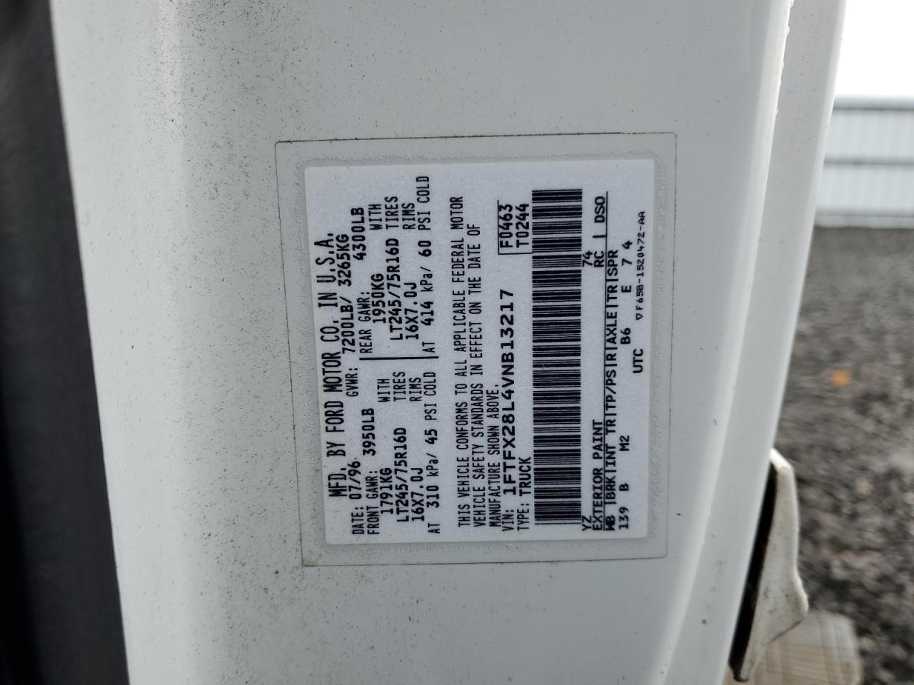 1997 Ford F250 VIN: 1FTFX28L4VNB13217 Lot: 92015865