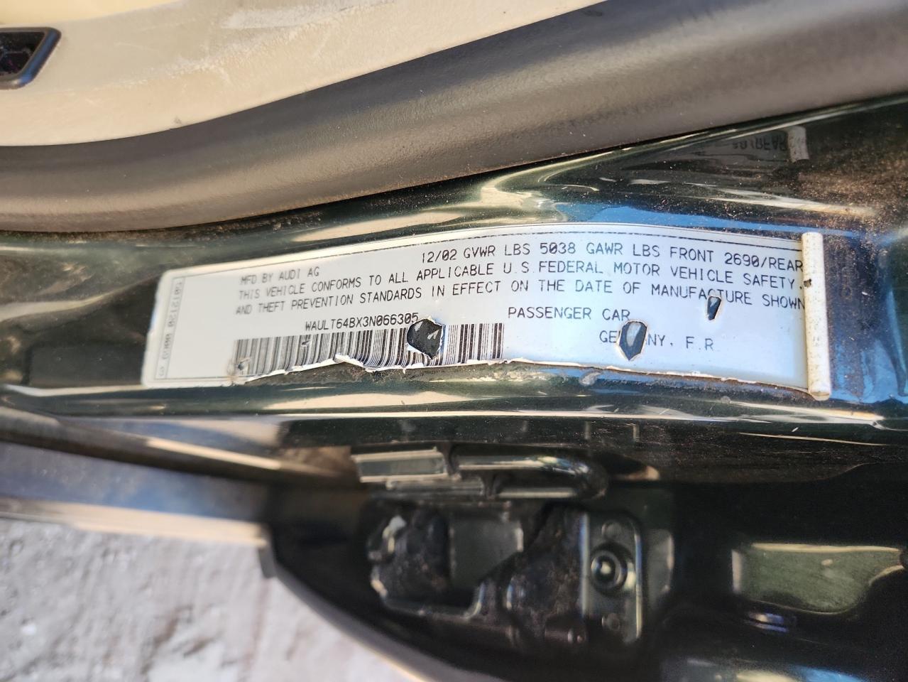 2003 Audi A6 3.0 Quattro VIN: WAULT64BX3N066305 Lot: 91507265