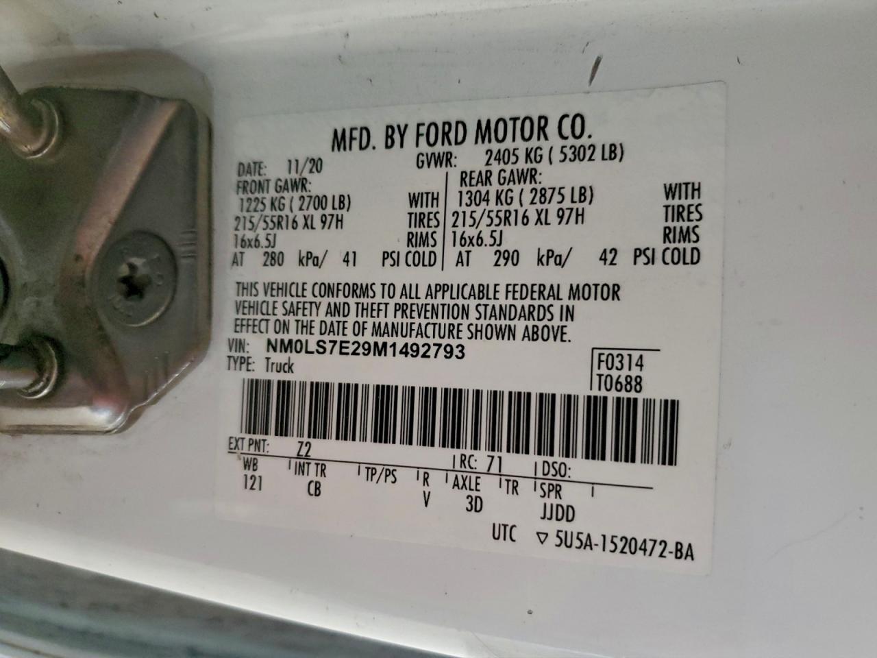 2021 Ford Transit Connect Xl VIN: NM0LS7E29M1492793 Lot: 94146545