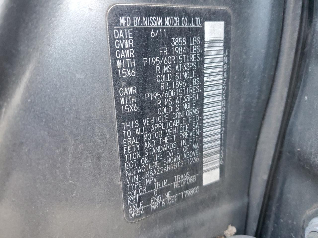 2011 Nissan Cube Base VIN: JN8AZ2KR9BT211236 Lot: 92856925