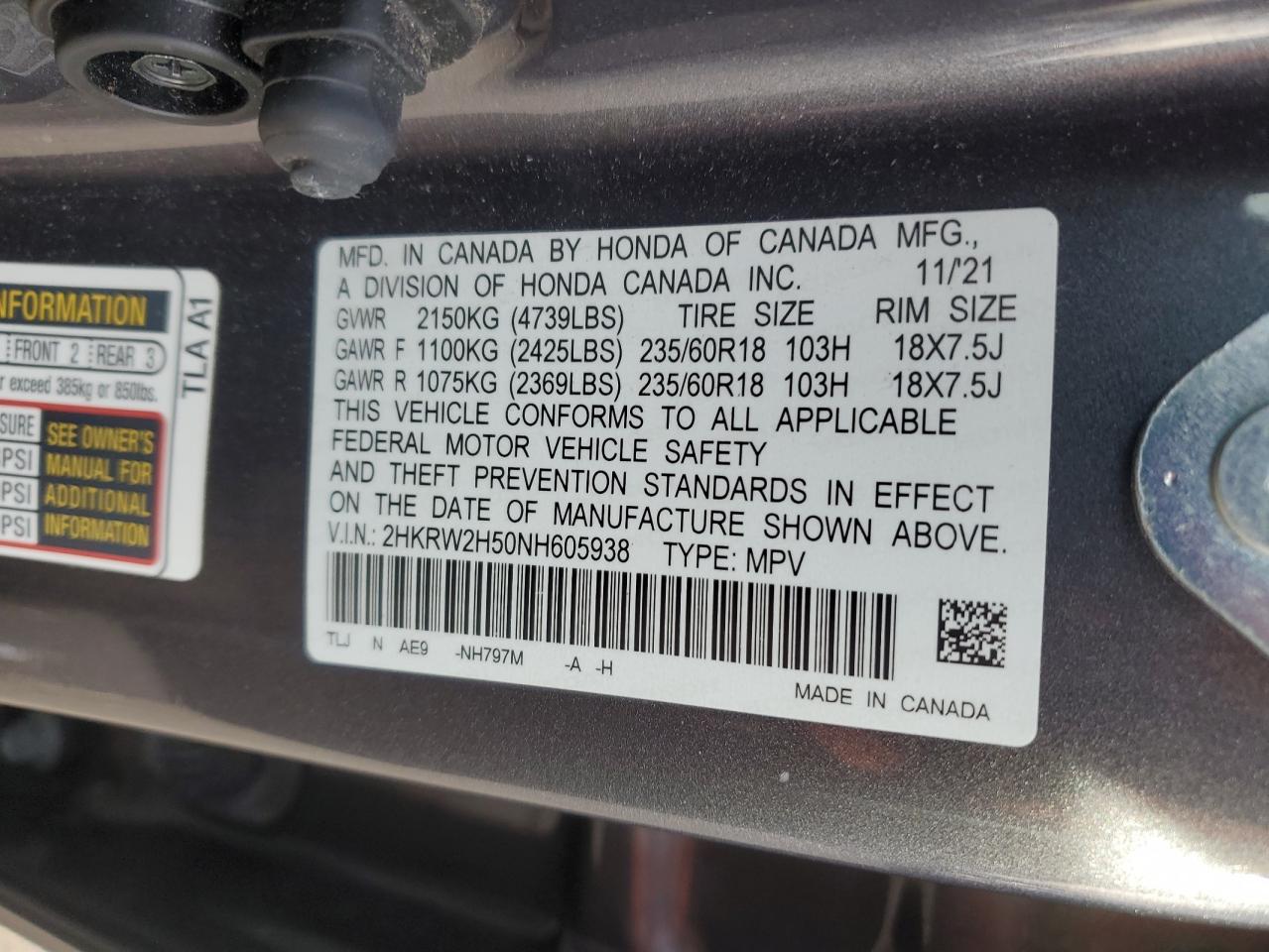 2022 Honda Cr-V Ex VIN: 2HKRW2H50NH605938 Lot: 91562465