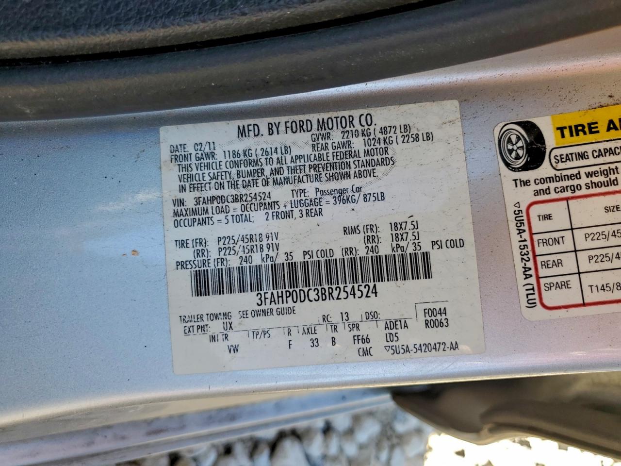 2011 Ford Fusion Sport VIN: 3FAHP0DC3BR254524 Lot: 93756565