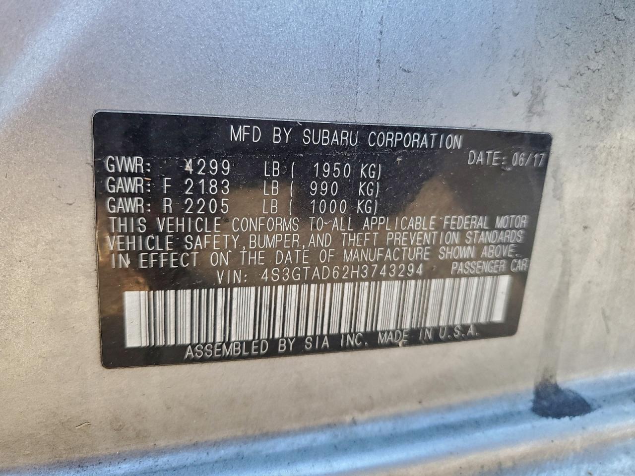 2017 Subaru Impreza Premium Plus VIN: 4S3GTAD62H3743294 Lot: 94394475