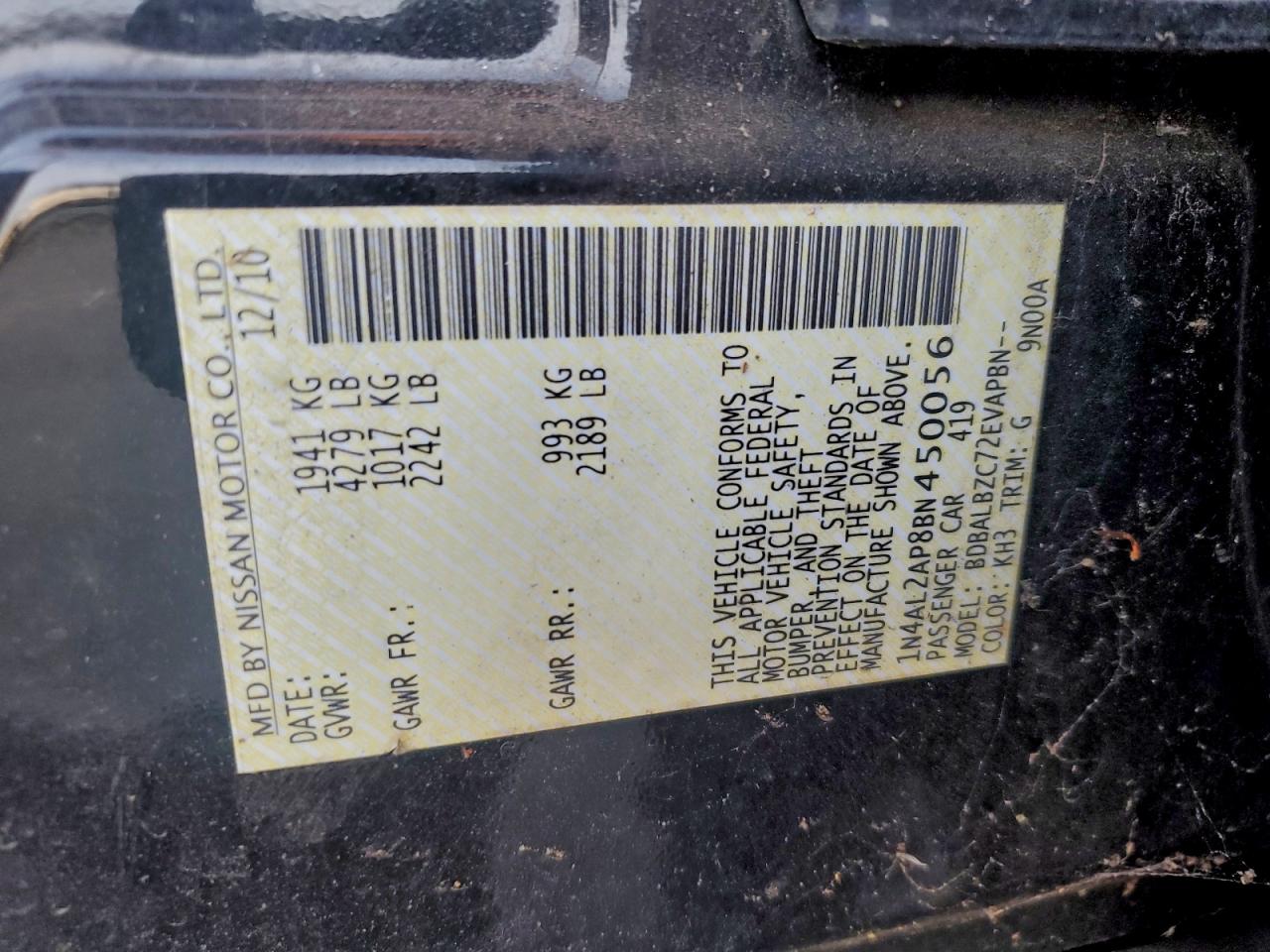 2011 Nissan Altima Base VIN: 1N4AL2AP8BN450056 Lot: 94645405