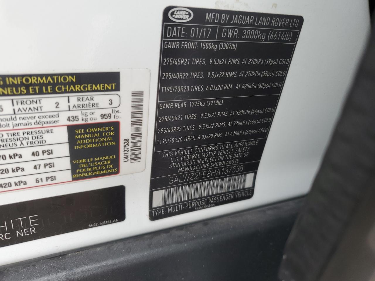 2017 Land Rover Range Rover Sport Svr VIN: SALWZ2FE8HA137538 Lot: 92738235