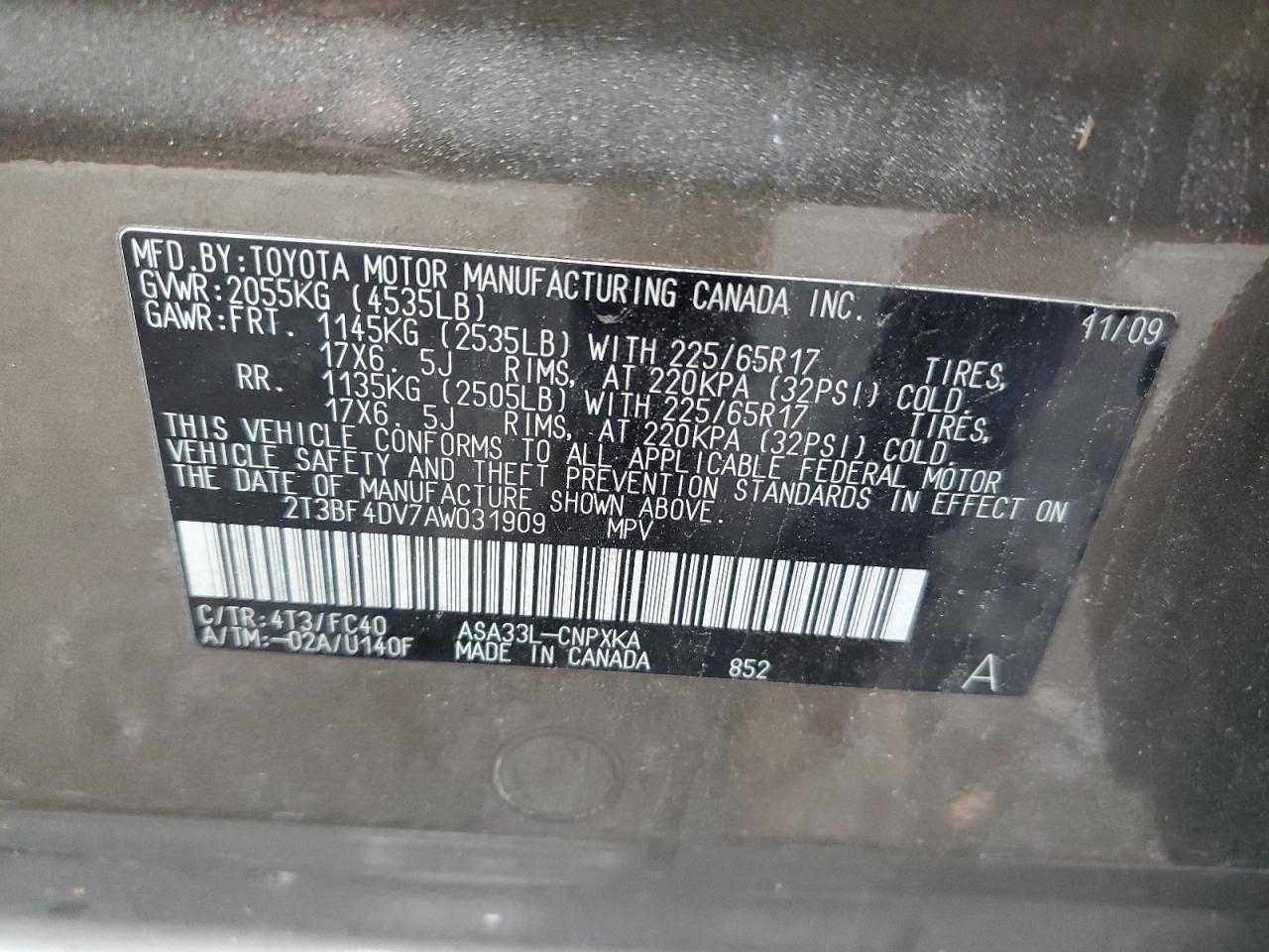 2010 Toyota Rav4 VIN: 2T3BF4DV7AW031909 Lot: 90229185