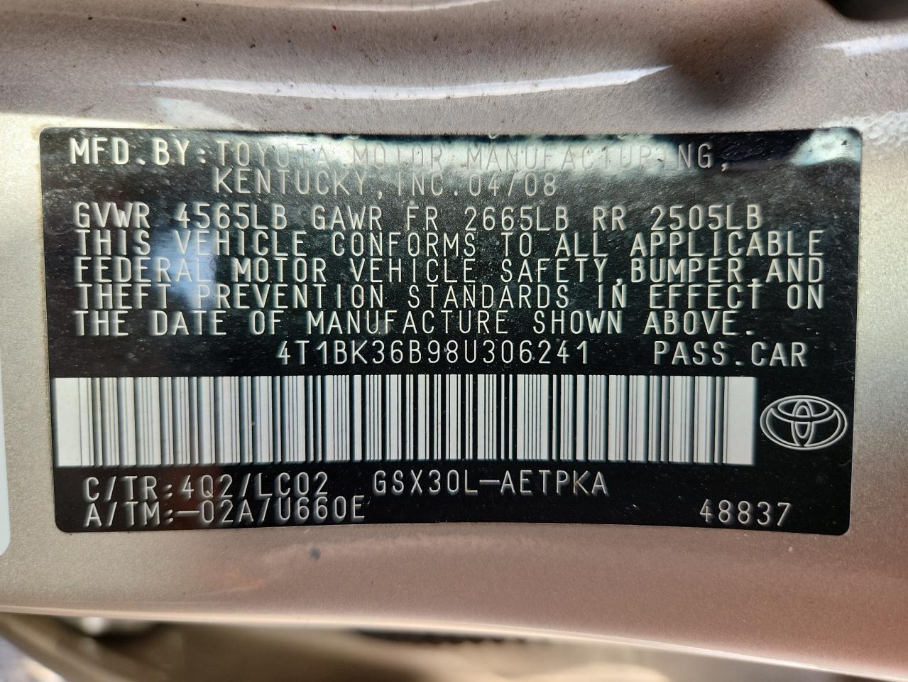 2008 Toyota Avalon Xl VIN: 4T1BK36B98U306241 Lot: 93156235