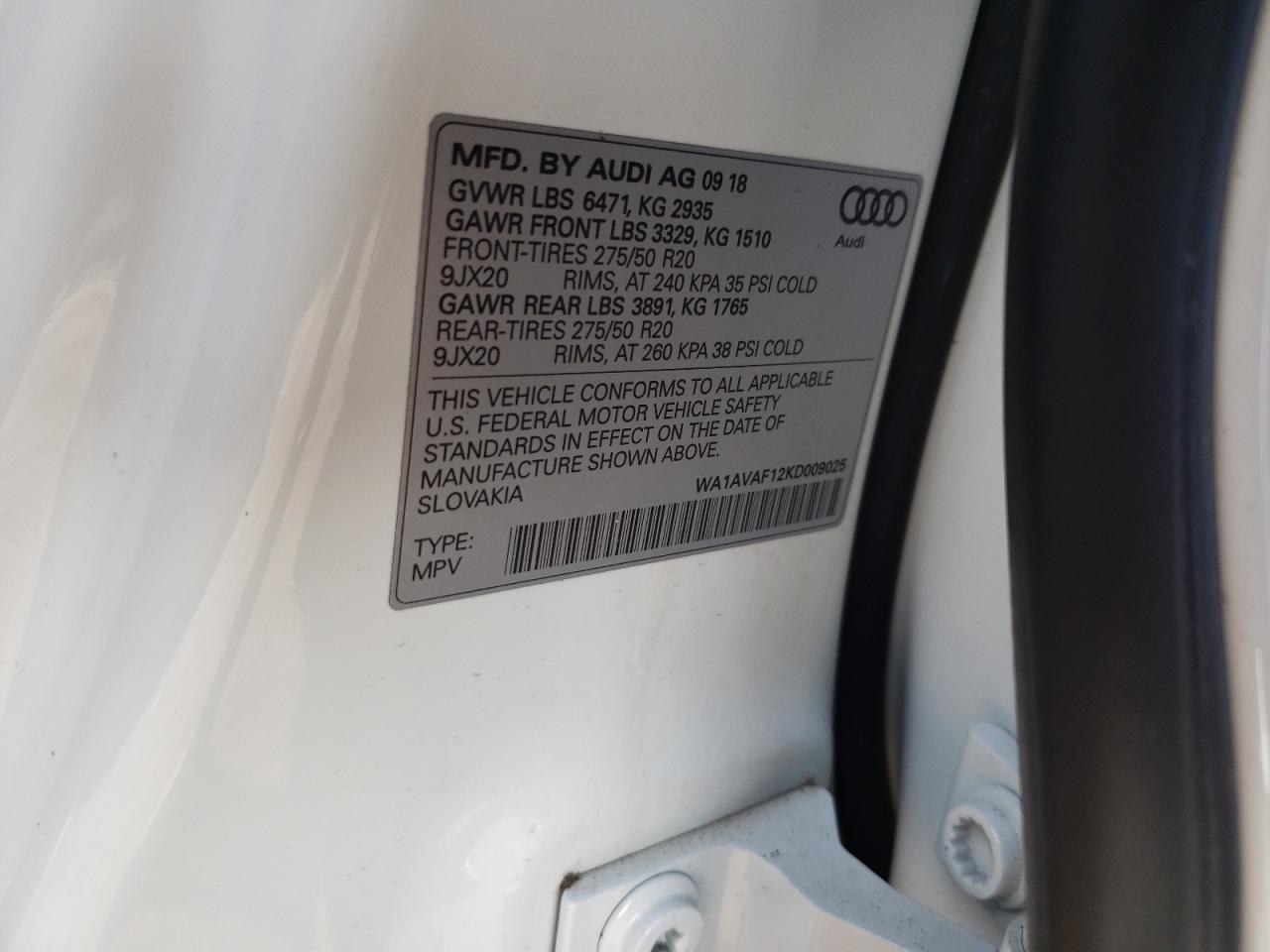 2019 Audi Q8 Premium VIN: WA1AVAF12KD009025 Lot: 93450585