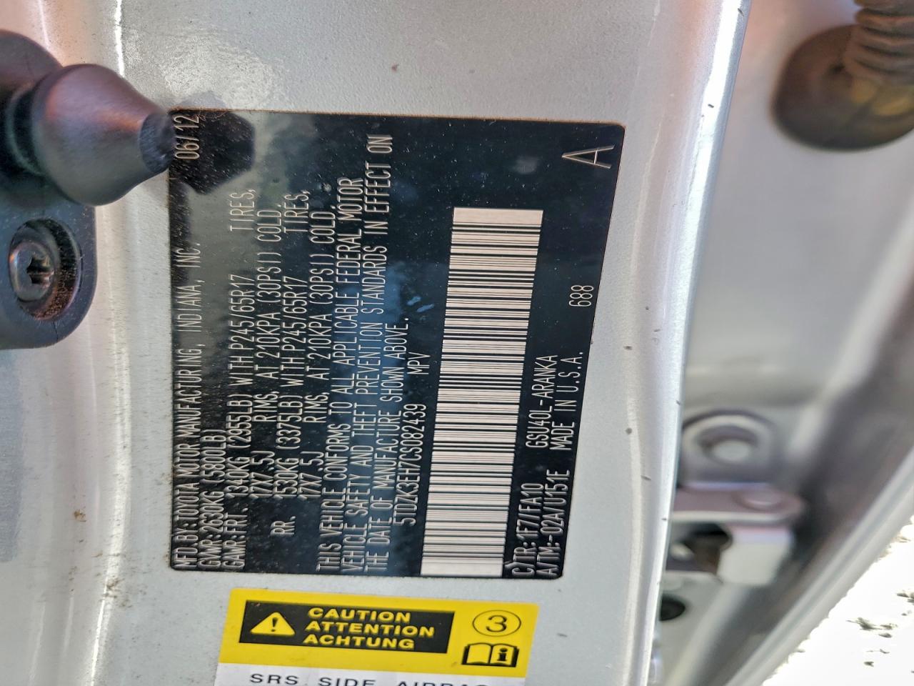 2012 Toyota Highlander Base VIN: 5TDZK3EH7CS082439 Lot: 94122115