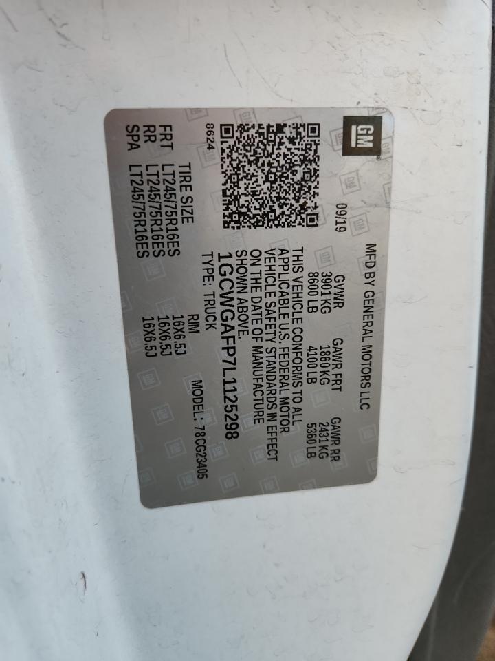 2020 Chevrolet Express G2500 VIN: 1GCWGAFP7L1125298 Lot: 91431065