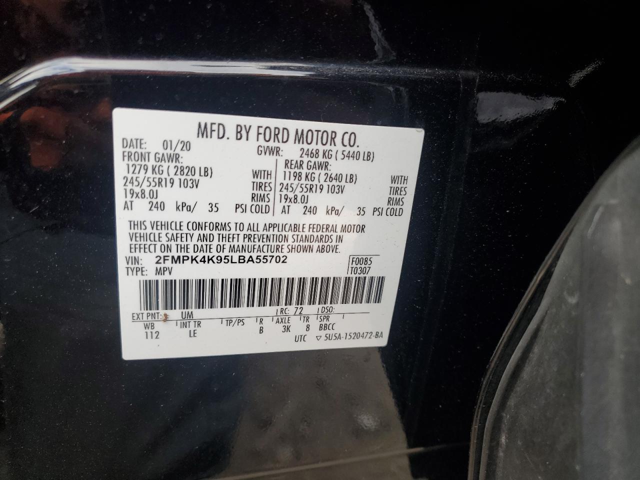 2020 Ford Edge Titanium VIN: 2FMPK4K95LBA55702 Lot: 92812965