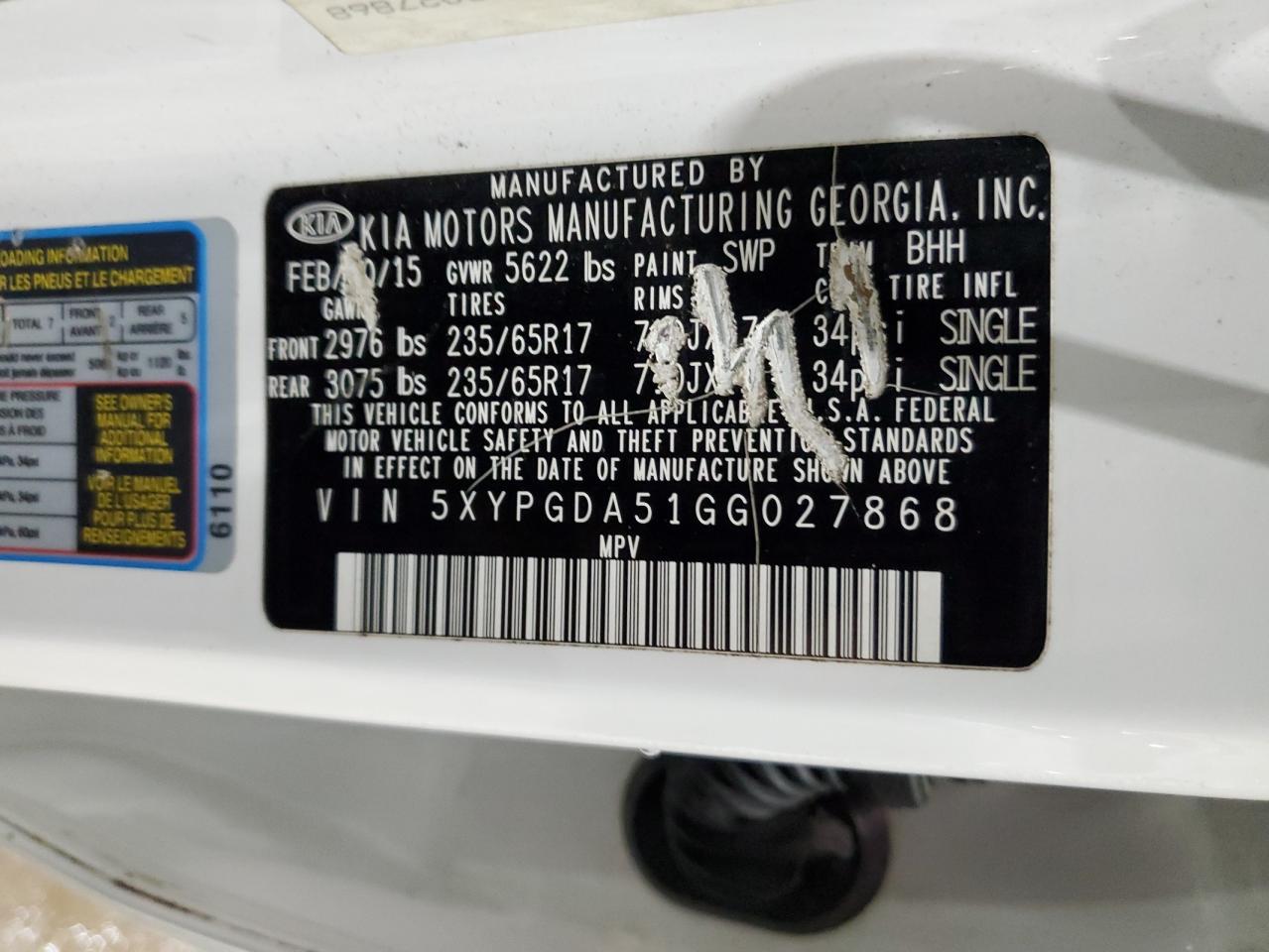 2016 Kia Sorento Lx VIN: 5XYPGDA51GG027868 Lot: 92097335