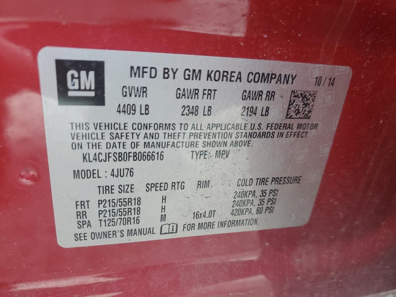 2015 Buick Encore Convenience VIN: KL4CJFSB0FB066616 Lot: 92266535