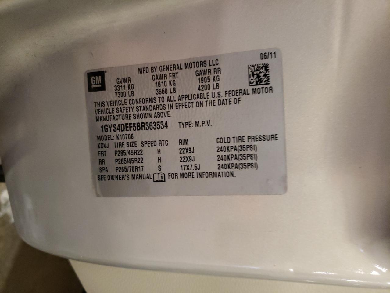 2011 Cadillac Escalade Platinum VIN: 1GYS4DEF5BR363534 Lot: 92920865