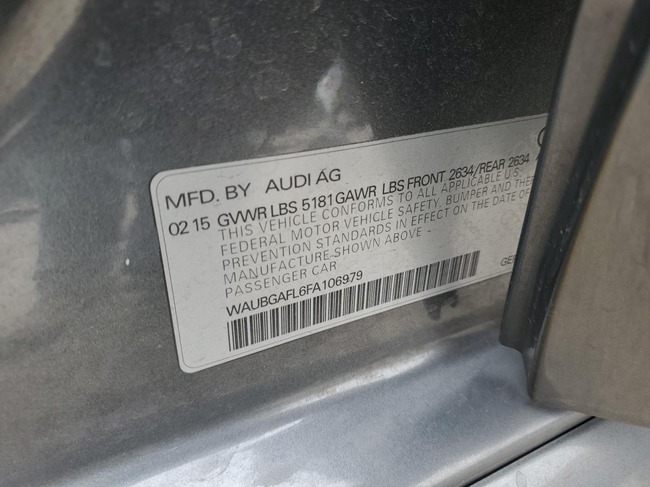 2015 Audi S4 Premium Plus VIN: WAUBGAFL6FA106979 Lot: 92671175