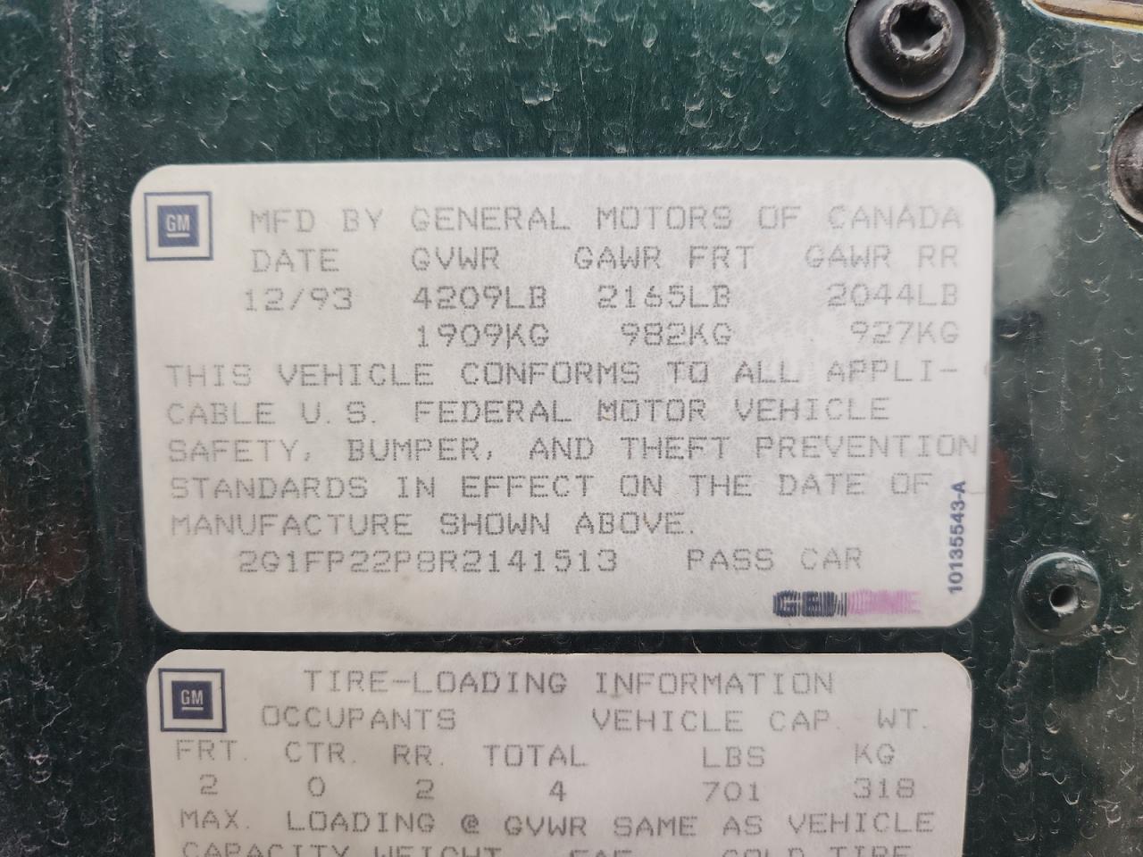 1994 Chevrolet Camaro Z28 VIN: 2G1FP22P8R2141513 Lot: 93692455