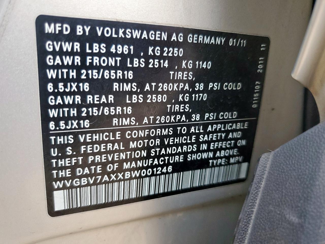 2011 Volkswagen Tiguan S VIN: WVGBV7AXXBW001246 Lot: 93246825