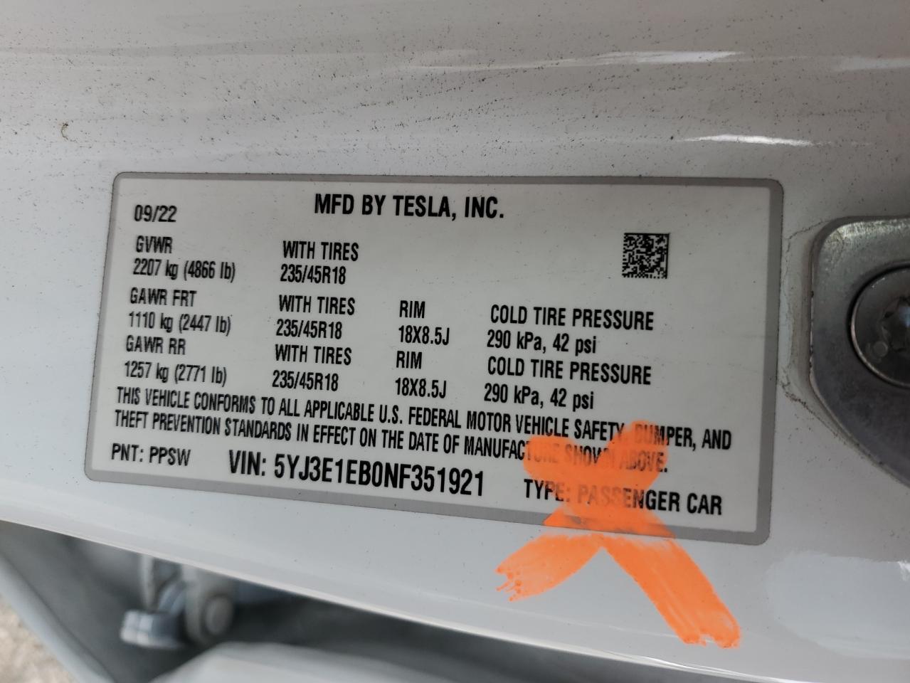 2022 Tesla Model 3 VIN: 5YJ3E1EB0NF351921 Lot: 92837385