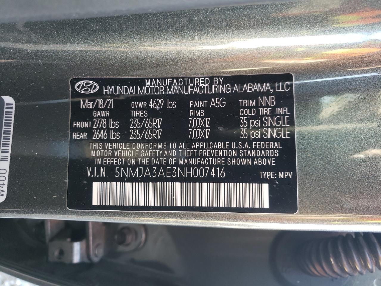 2022 Hyundai Tucson Se VIN: 5NMJA3AE3NH007416 Lot: 92199655