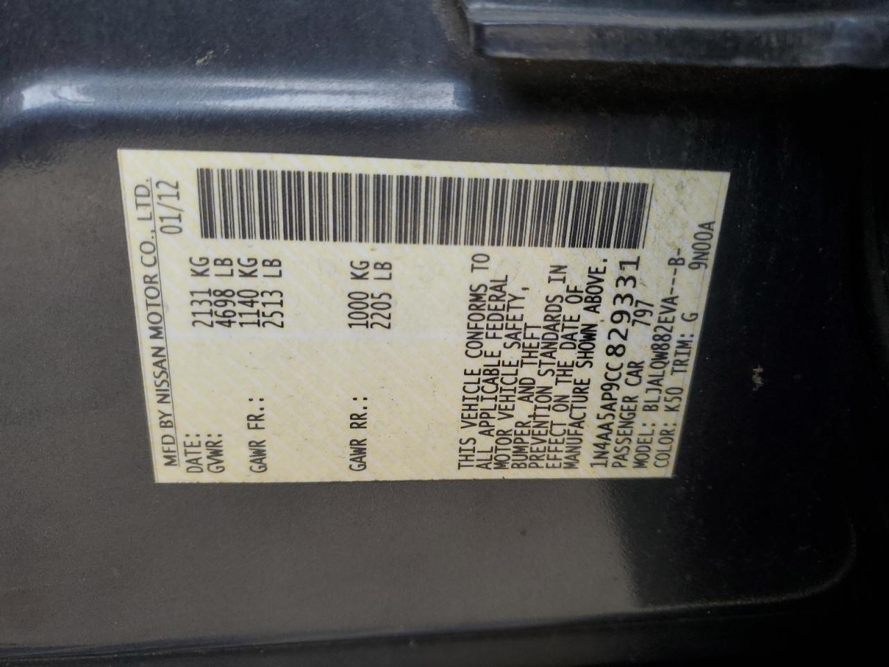 2012 Nissan Maxima S VIN: 1N4AA5AP9CC829331 Lot: 93195025