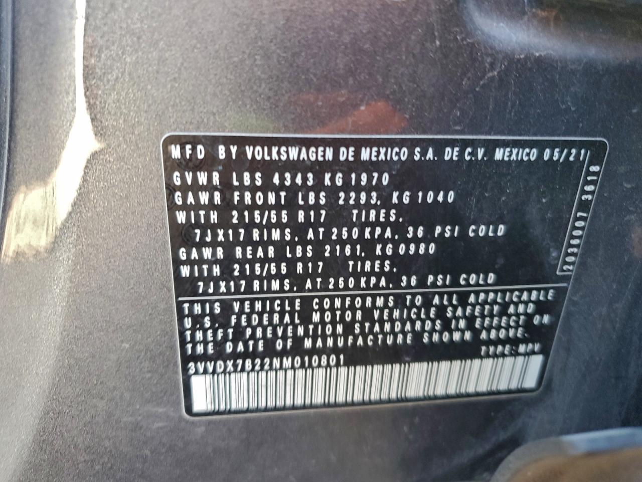 2022 Volkswagen Taos S VIN: 3VVDX7B22NM010801 Lot: 94104615