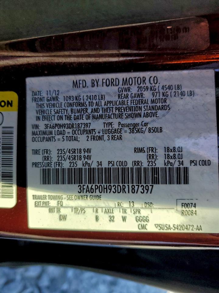 2013 Ford Fusion Se VIN: 3FA6P0H93DR187397 Lot: 93202855