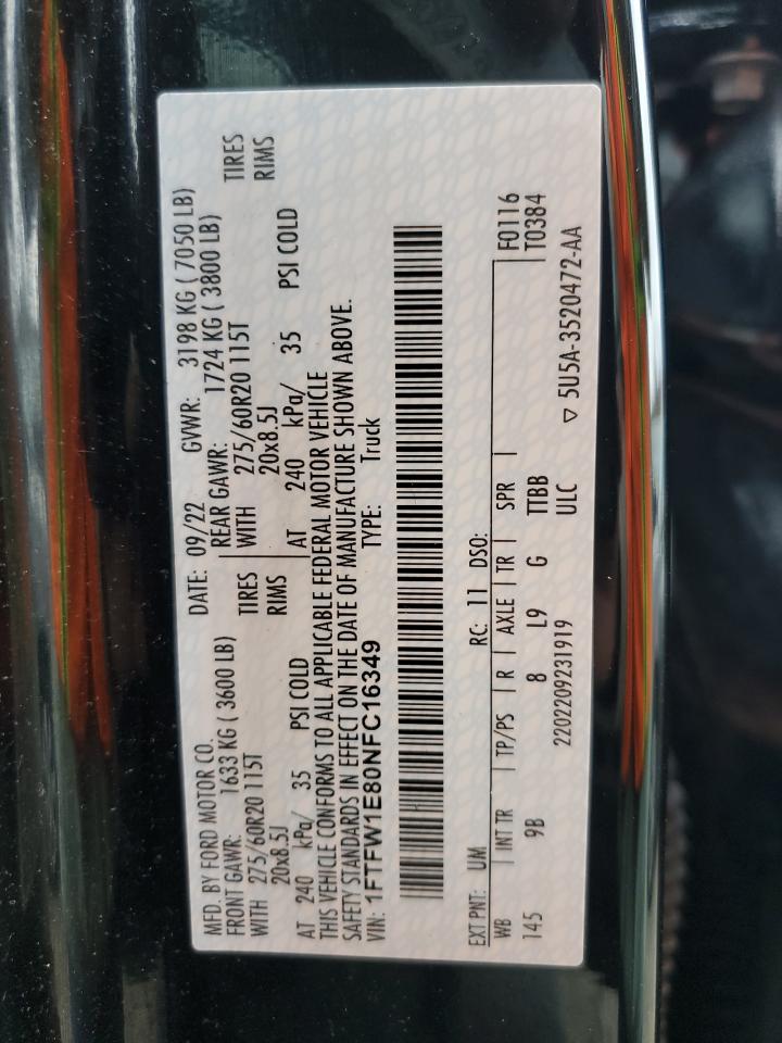 2022 Ford F150 Supercrew VIN: 1FTFW1E80NFC16349 Lot: 92160085