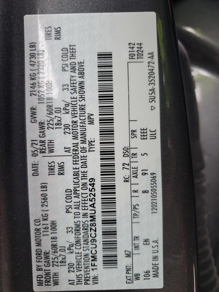 2021 Ford Escape Sel VIN: 1FMCU9CZ8MUA52549 Lot: 93210445