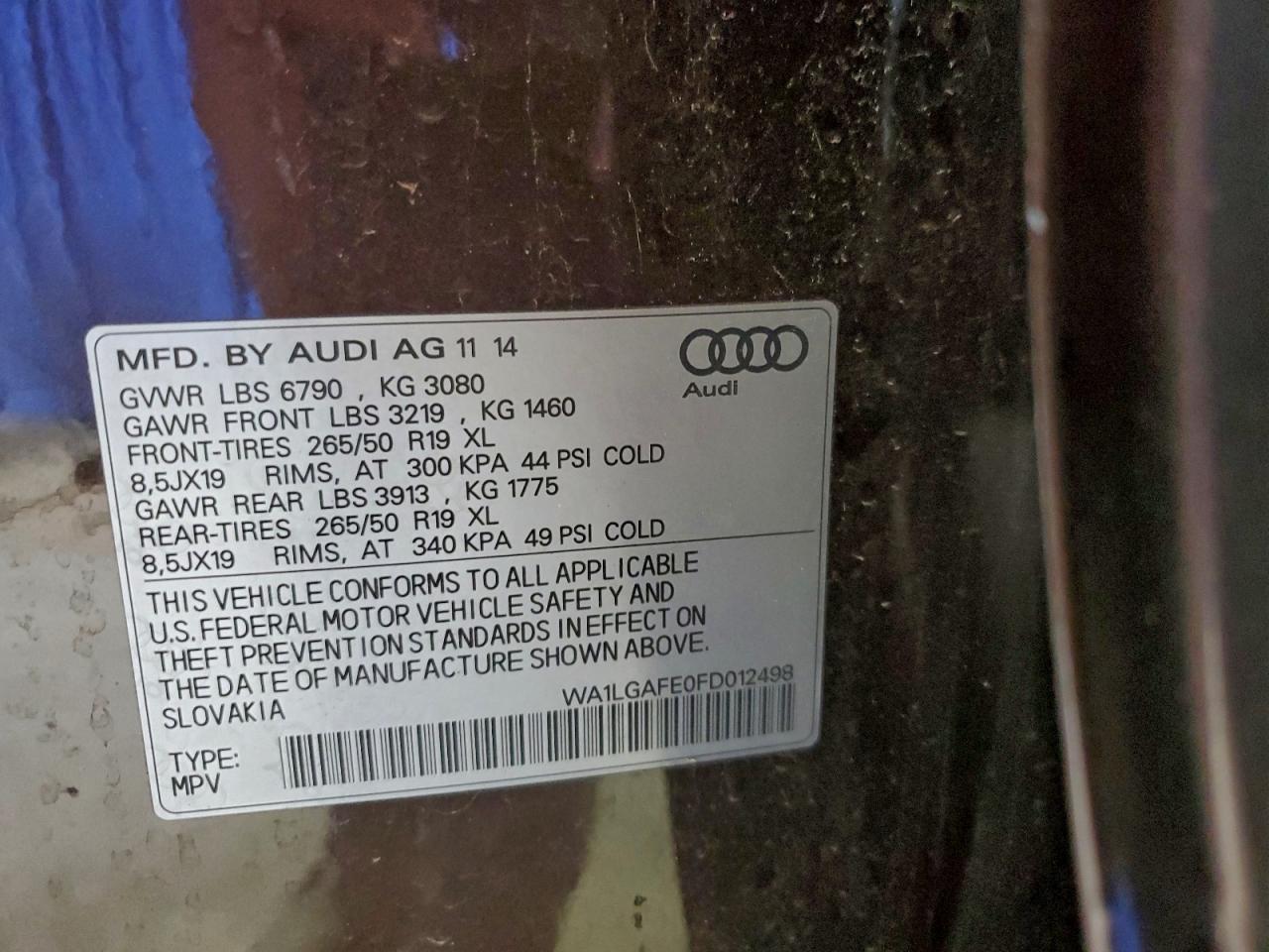 2015 Audi Q7 Premium Plus VIN: WA1LGAFE0FD012498 Lot: 94530185