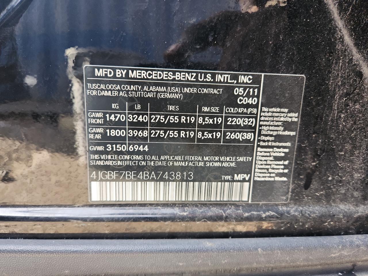 2011 Mercedes-Benz Gl 450 4Matic VIN: 4JGBF7BE4BA743813 Lot: 93065395