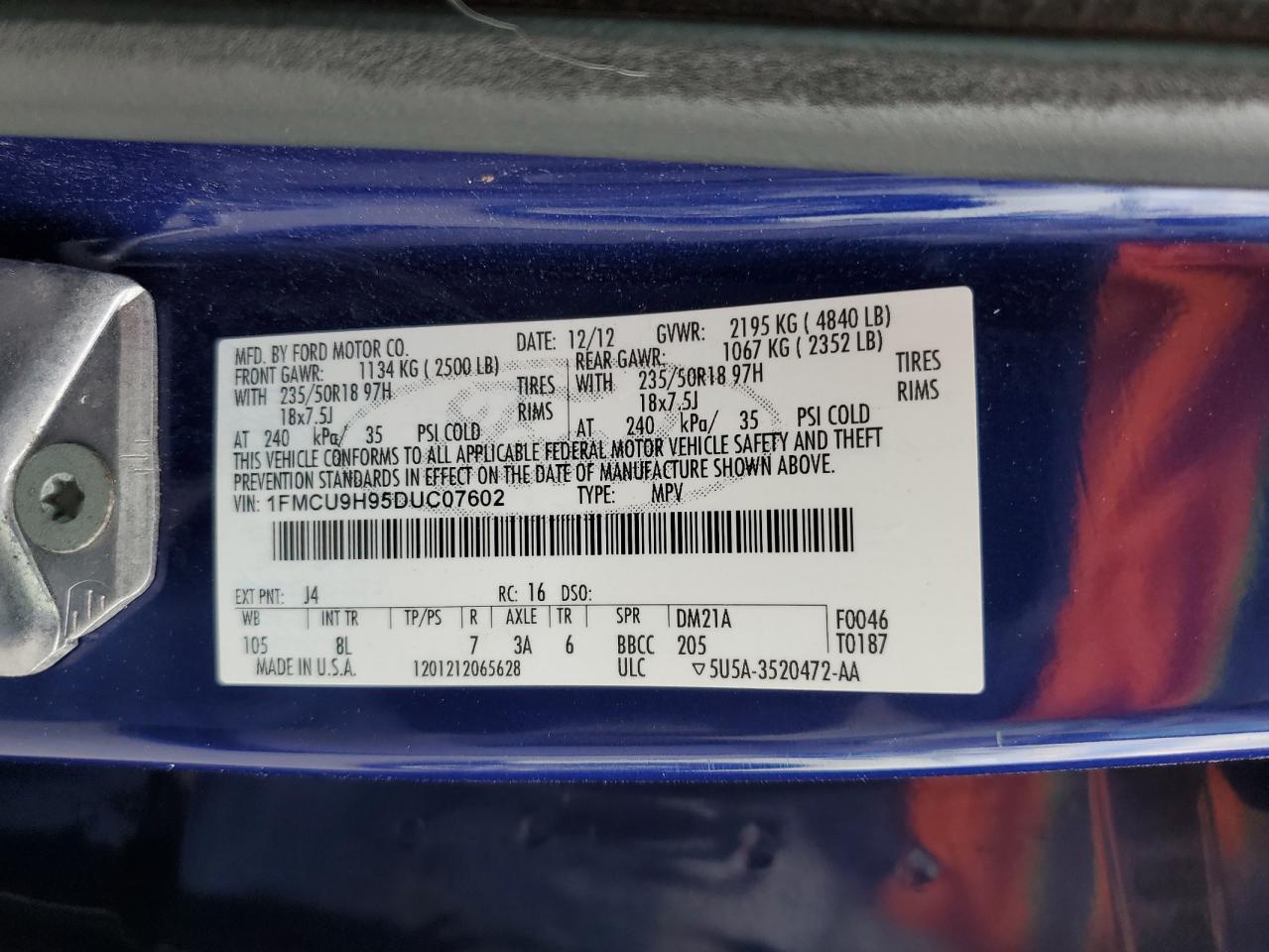 2013 Ford Escape Sel VIN: 1FMCU9H95DUC07602 Lot: 92450635