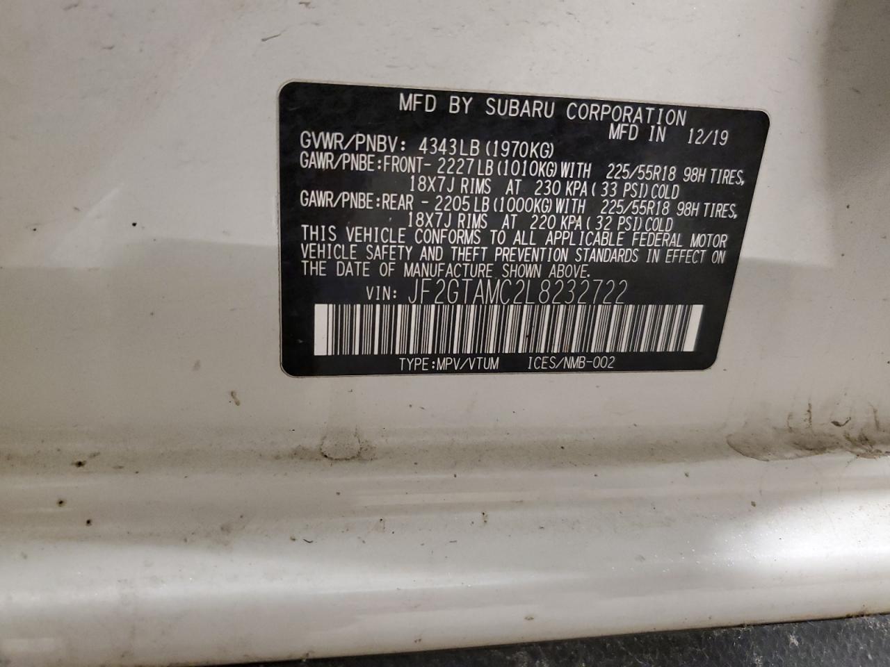 2020 Subaru Crosstrek Limited VIN: JF2GTAMC2L8232722 Lot: 92938825