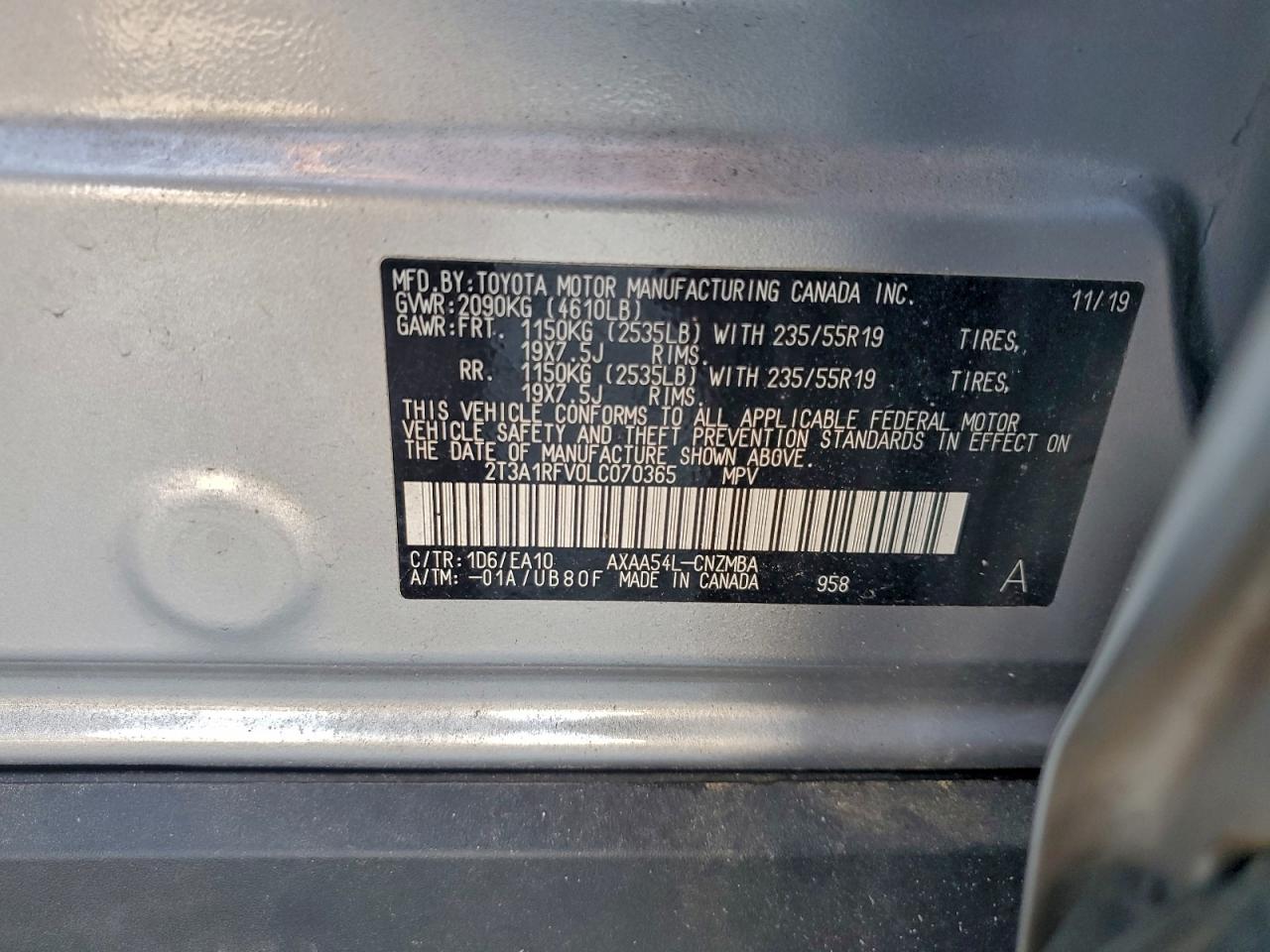 2020 Toyota Rav4 Xle Premium VIN: 2T3A1RFV0LC070365 Lot: 94059705