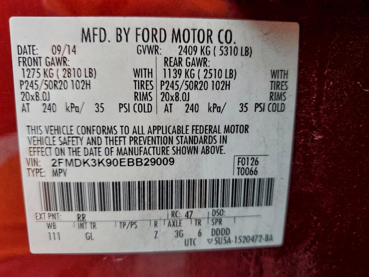 2014 Ford Edge Limited VIN: 2FMDK3K90EBB29009 Lot: 94196215