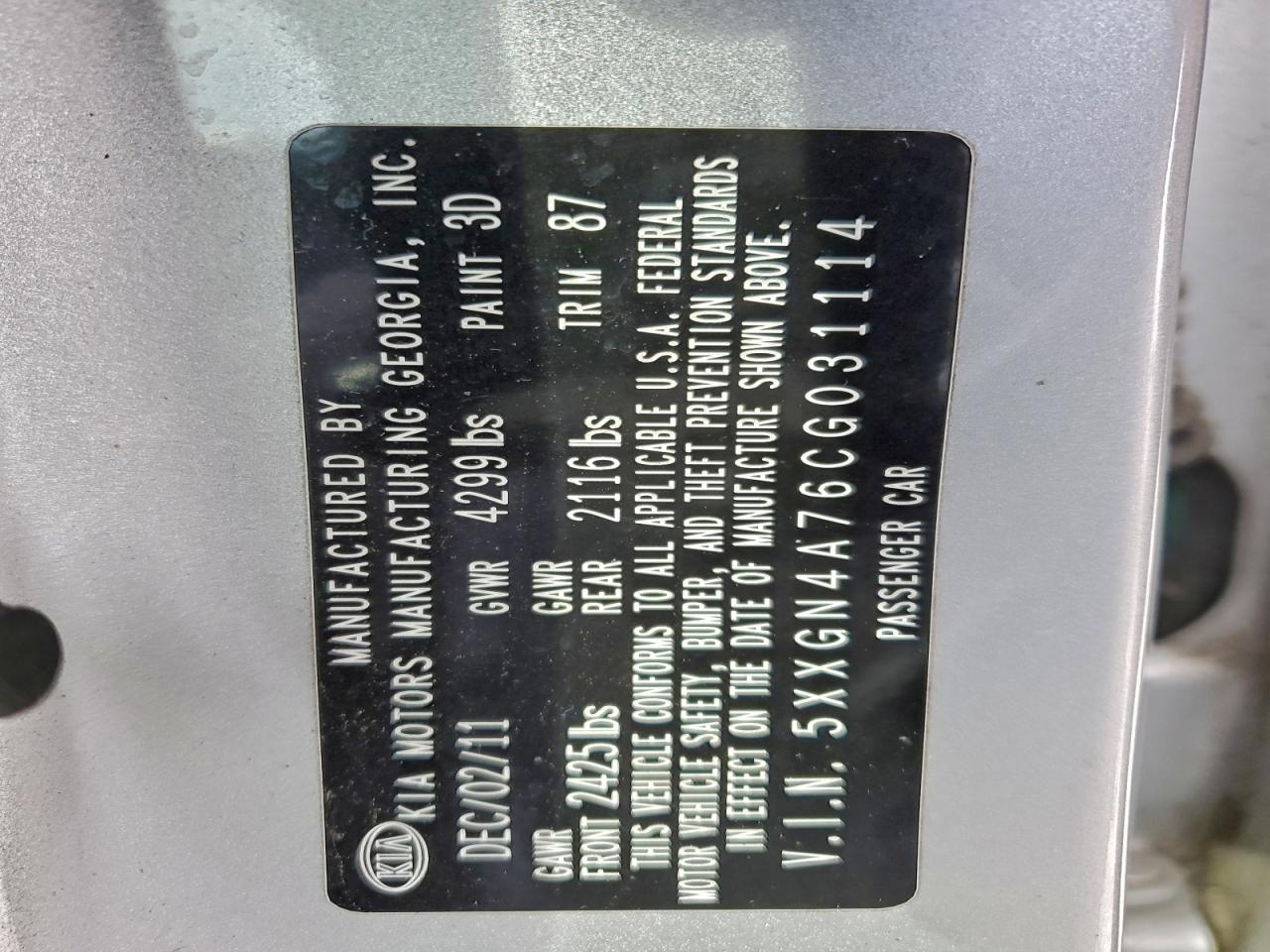 2012 Kia Optima Ex VIN: 5XXGN4A76CG031114 Lot: 93856005