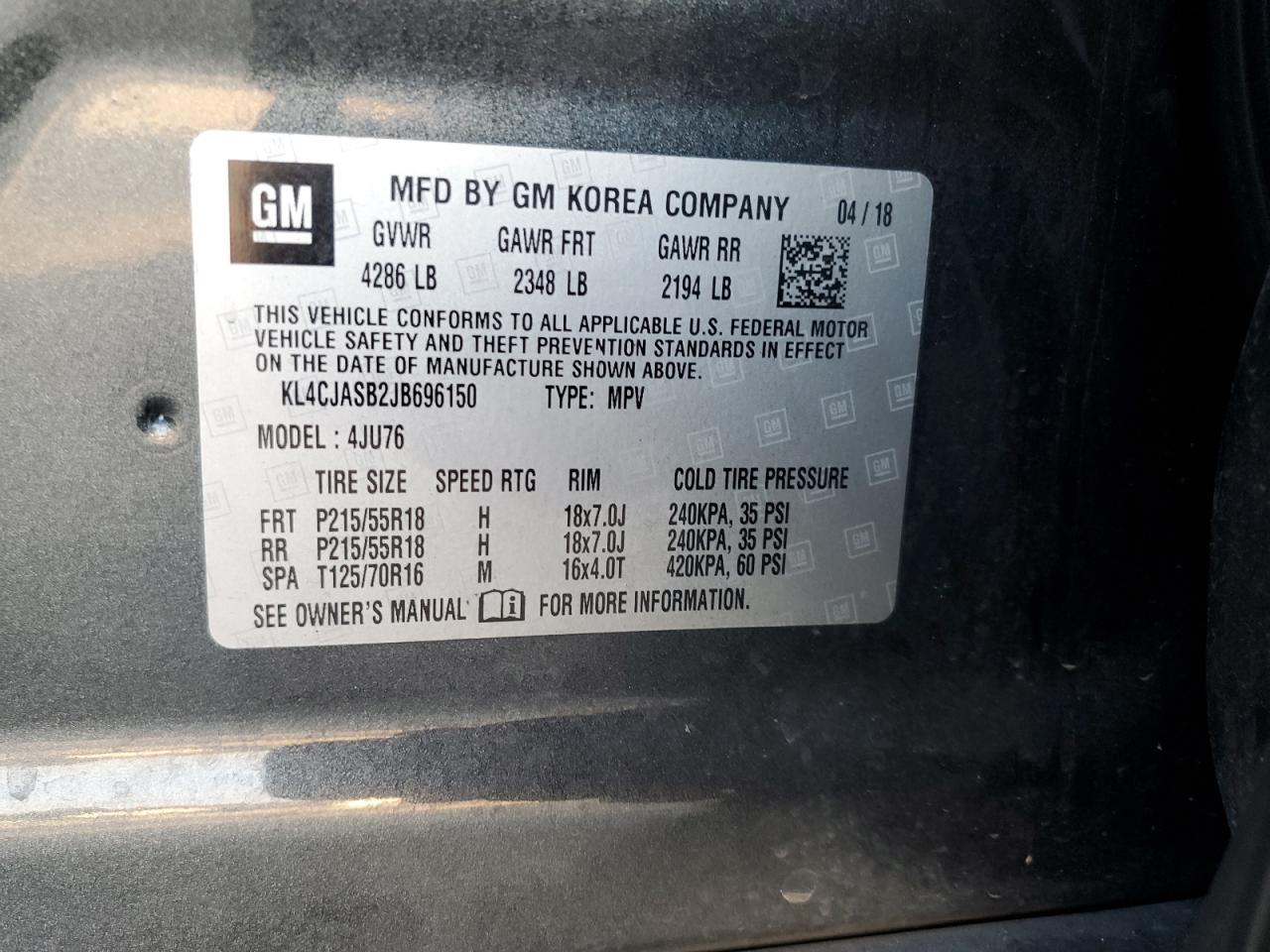 2018 Buick Encore Preferred VIN: KL4CJASB2JB696150 Lot: 93428005