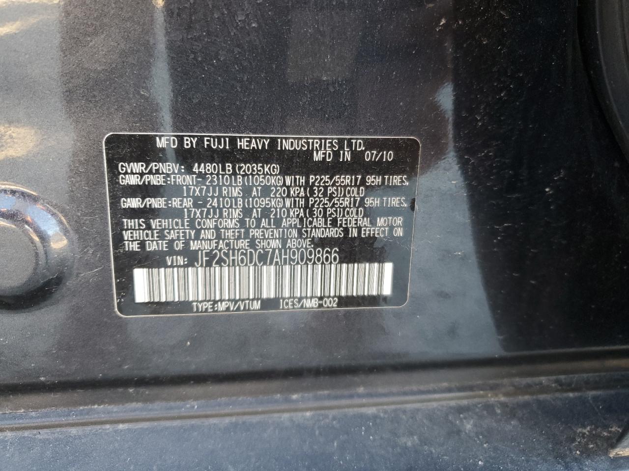 2010 Subaru Forester 2.5X Limited VIN: JF2SH6DC7AH909866 Lot: 93387555