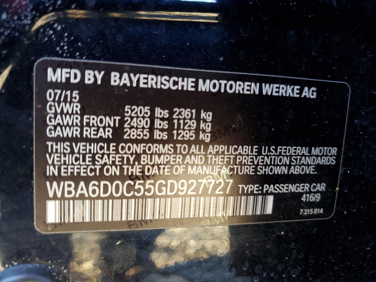 2016 BMW 640 I Gran Coupe VIN: WBA6D0C55GD927727 Lot: 93700835