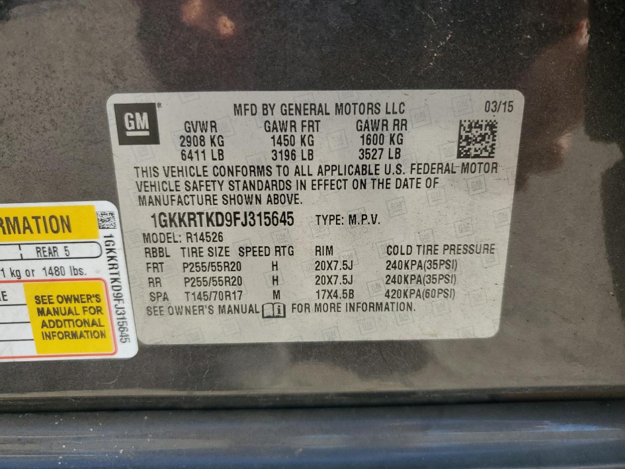 2015 GMC Acadia Denali VIN: 1GKKRTKD9FJ315645 Lot: 92068385