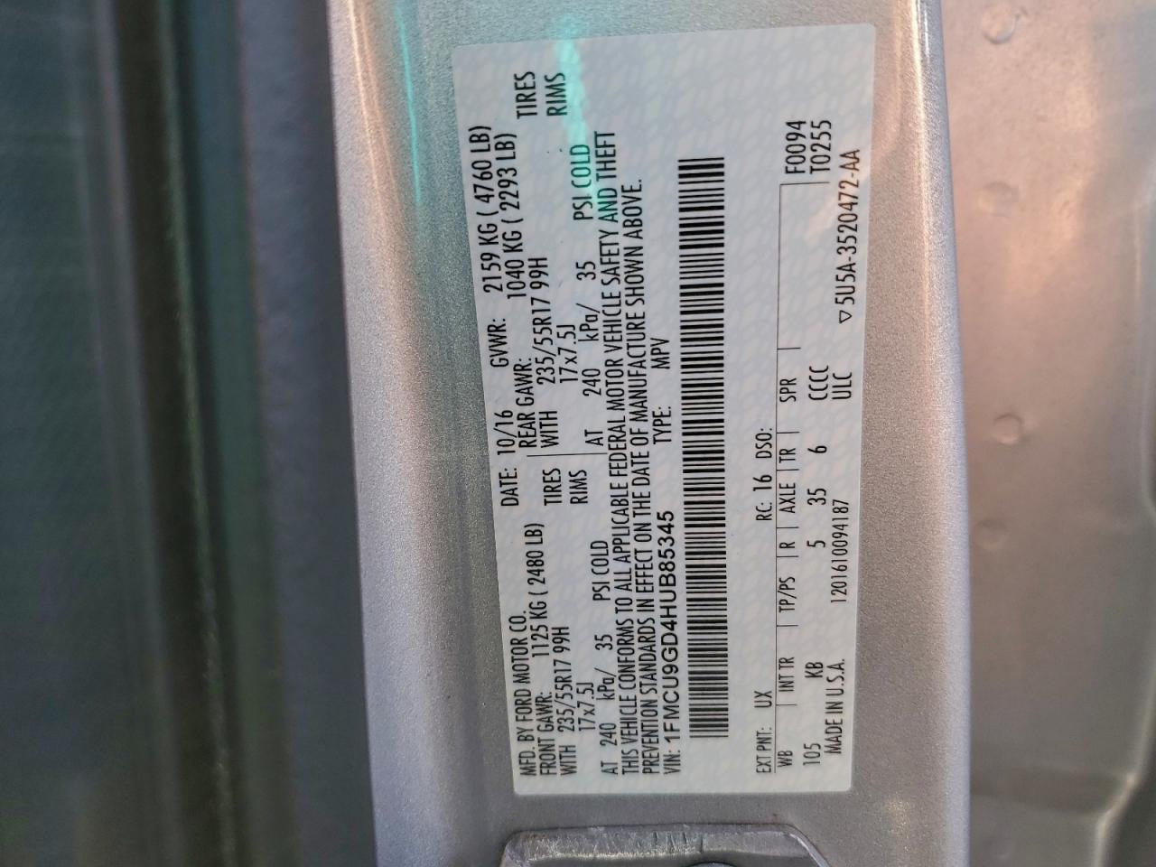 2017 Ford Escape Se VIN: 1FMCU9GD4HUB85345 Lot: 93975765