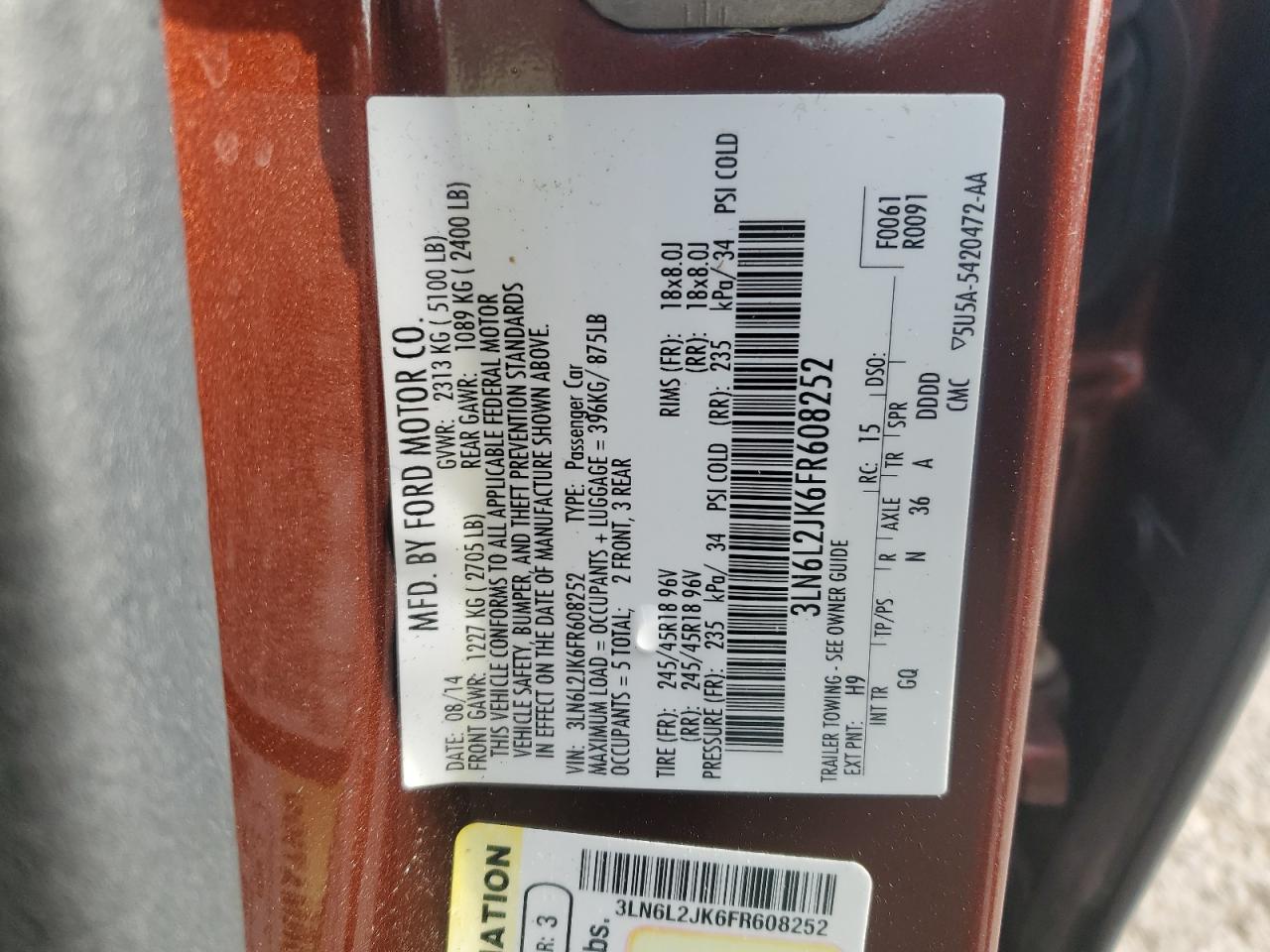 2015 Lincoln Mkz VIN: 3LN6L2JK6FR608252 Lot: 93390595