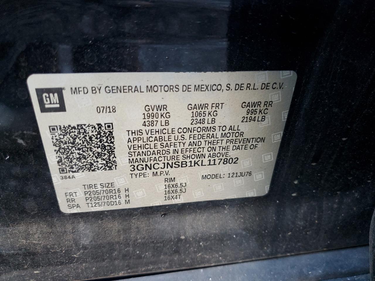 2019 Chevrolet Trax Ls VIN: 3GNCJNSB1KL117802 Lot: 93255795