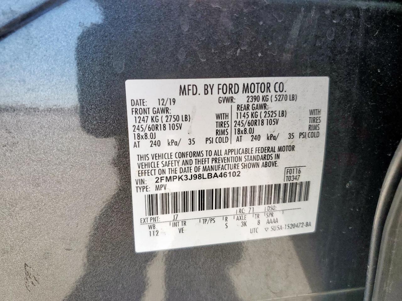 2020 Ford Edge Sel VIN: 2FMPK3J98LBA46102 Lot: 91276435