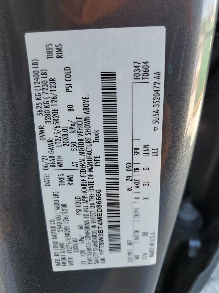 2021 Ford F350 Super Duty VIN: 1FT8W3BT4MED86666 Lot: 92731235
