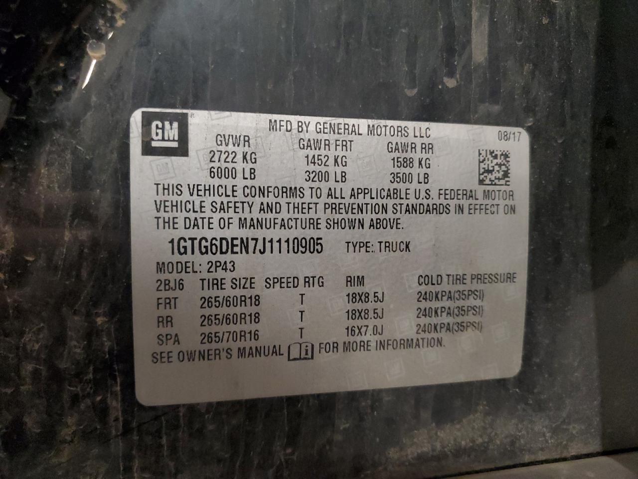 2018 GMC Canyon Slt VIN: 1GTG6DEN7J1110905 Lot: 91610815
